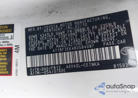 2011 Toyota Camry Le z USA, uszkodzony, nr VIN 4T1BF3EK4BU584087